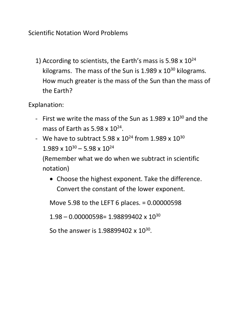 Scientific Notation word problem notes Pertaining To Scientific Notation Word Problems Worksheet