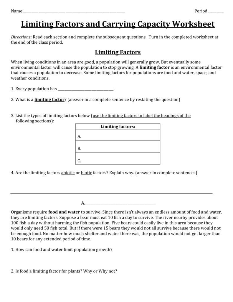 Limiting Factors Worksheet Answer Key Pdf