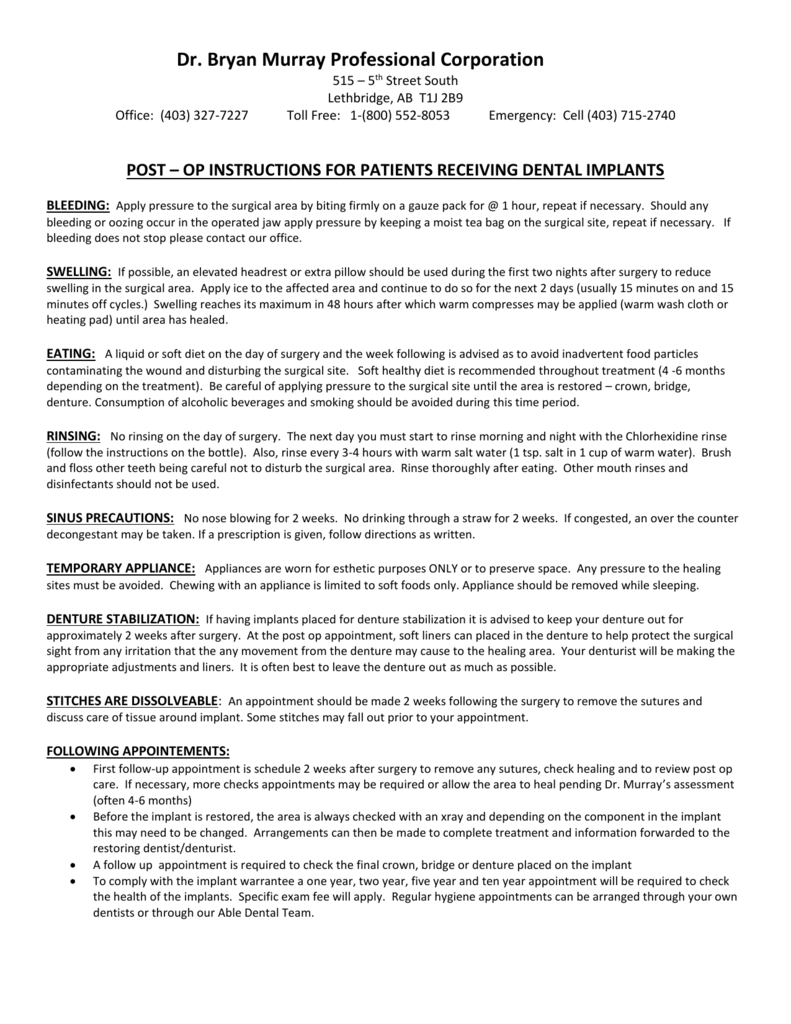 Post Op Extraction Instructions Printable
