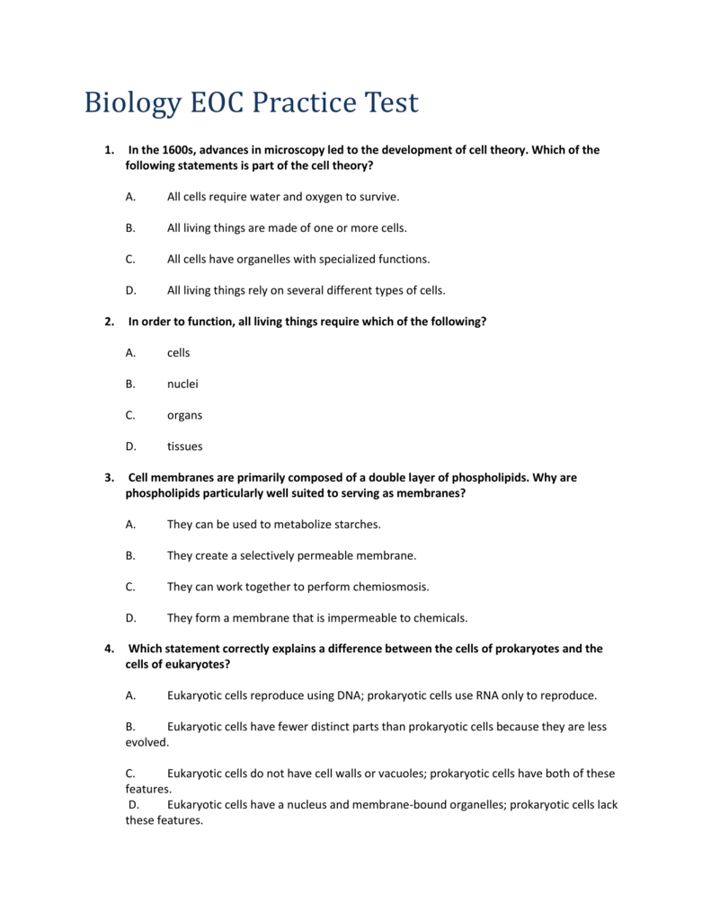 Biology EOC Practice Test Biology EOC Practice Test