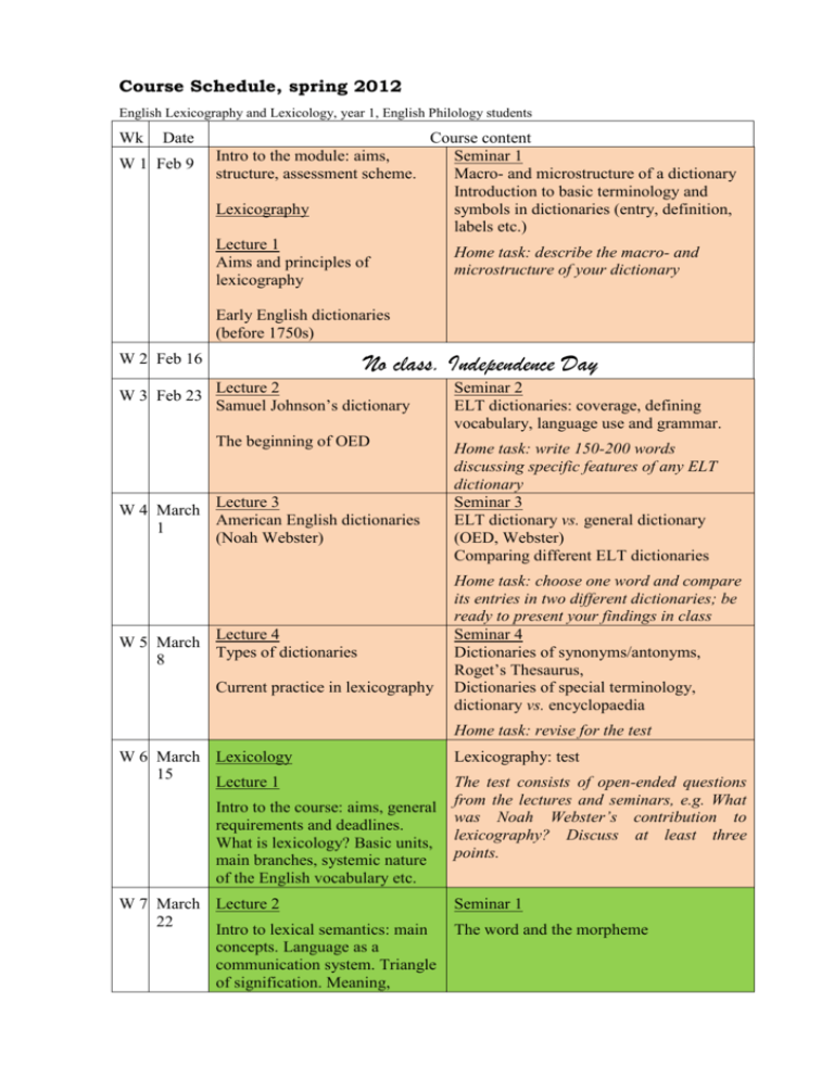 Course Schedule Spring 2012
