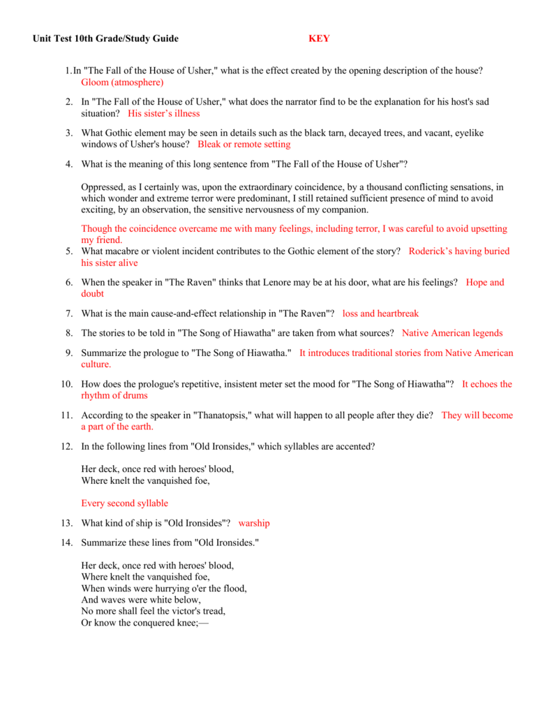 Unit Test 10th Grade Study Guide KEY In The Fall Of The House Of