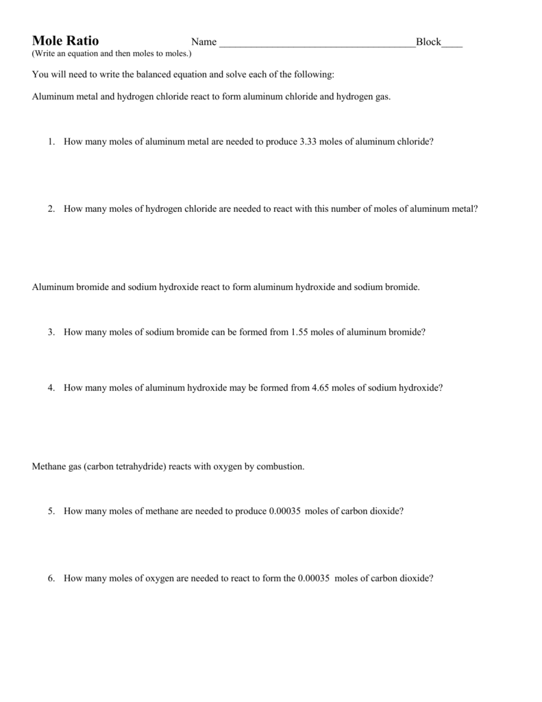 Mole Ratio Worksheet