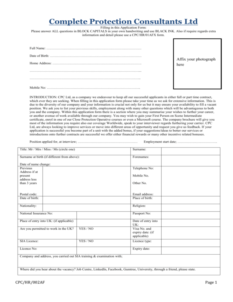 Cpc Ltd Application Form Complete Protection Consultants 5268