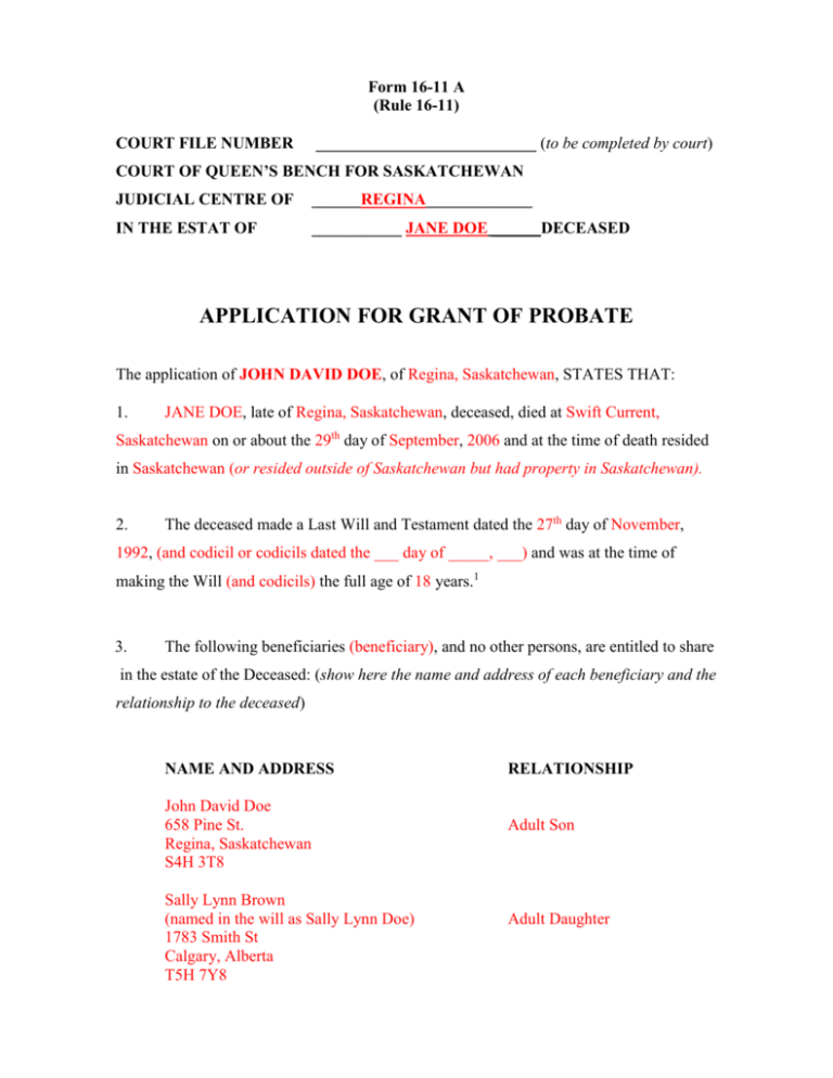 Application For Grant Of Probate 2959