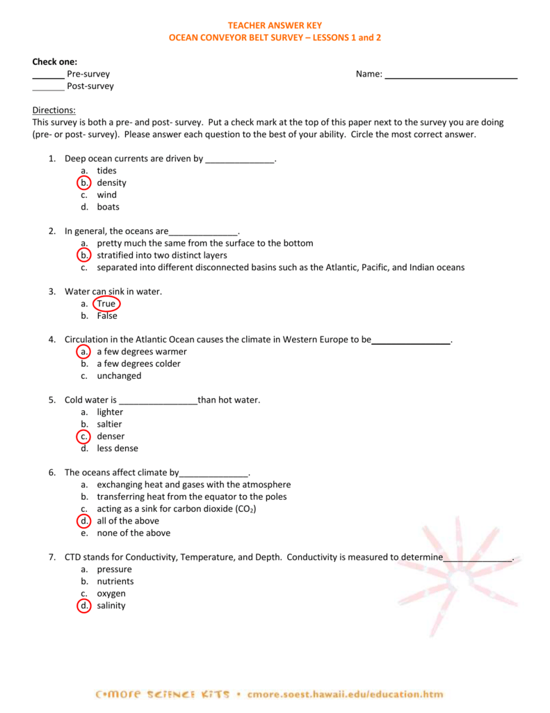 Ocean Conveyor Belt Teacher Answer Keys