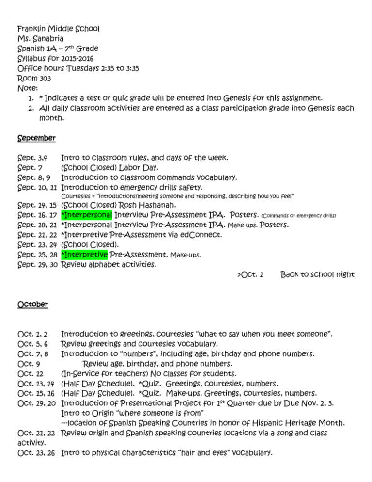 Spanish 1A Syllabus