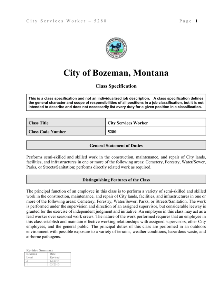 Job Description City of Bozeman