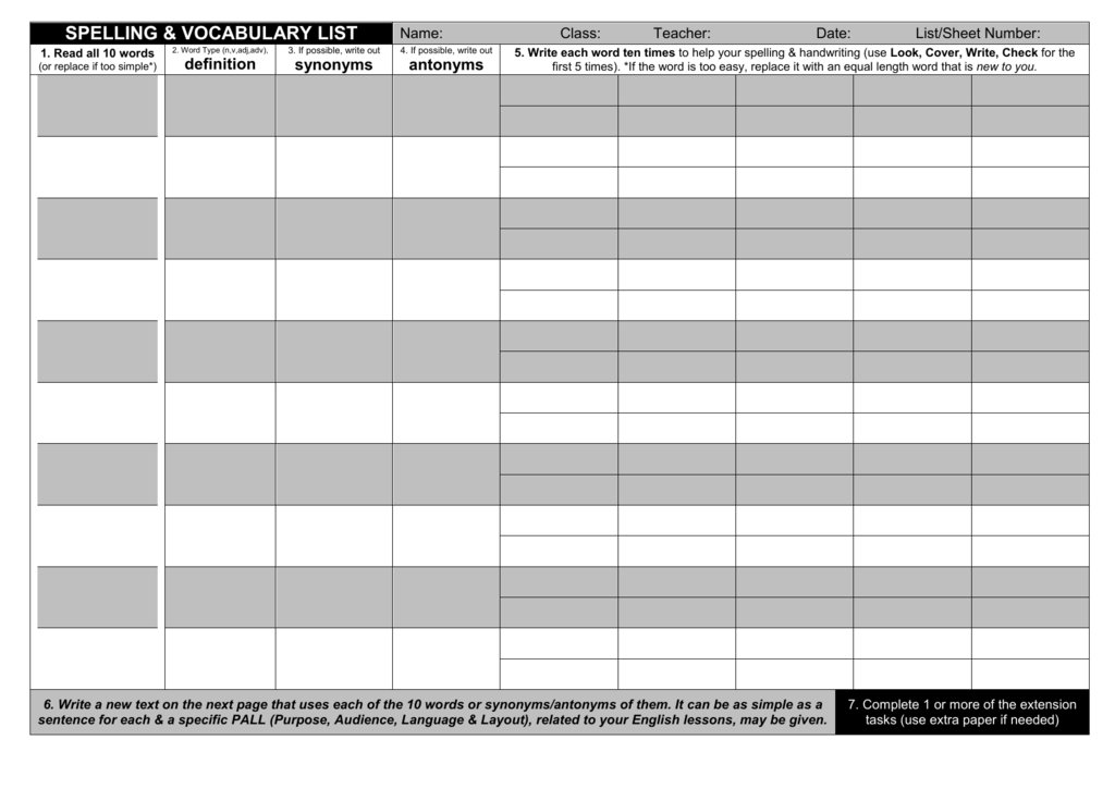 Spelling Vocabulary Handout Template