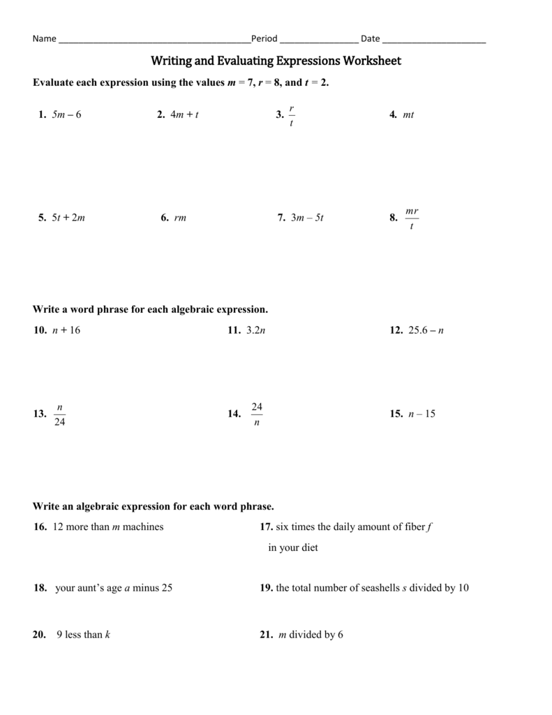 Writing and Evaluating Expressions Worksheet For Variables And Expressions Worksheet Answers