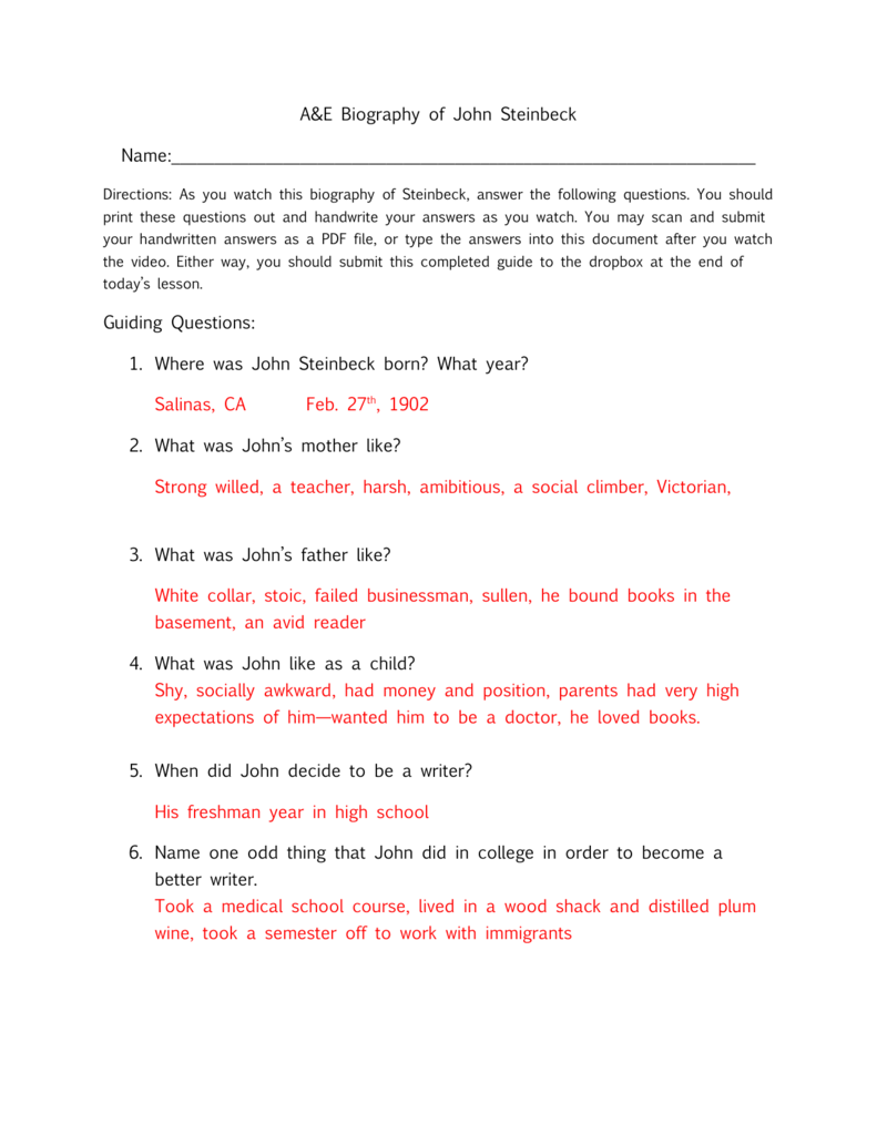 author biography john steinbeck worksheet answers