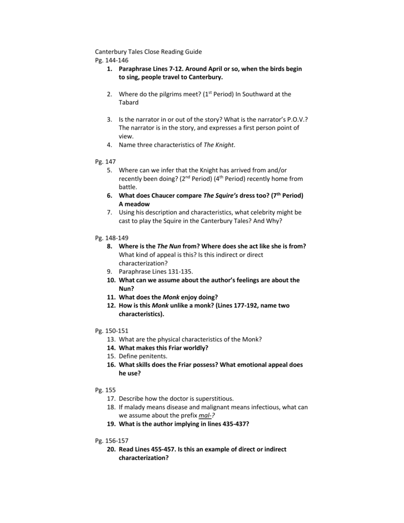 Canterbury Tales Close Reading Guide