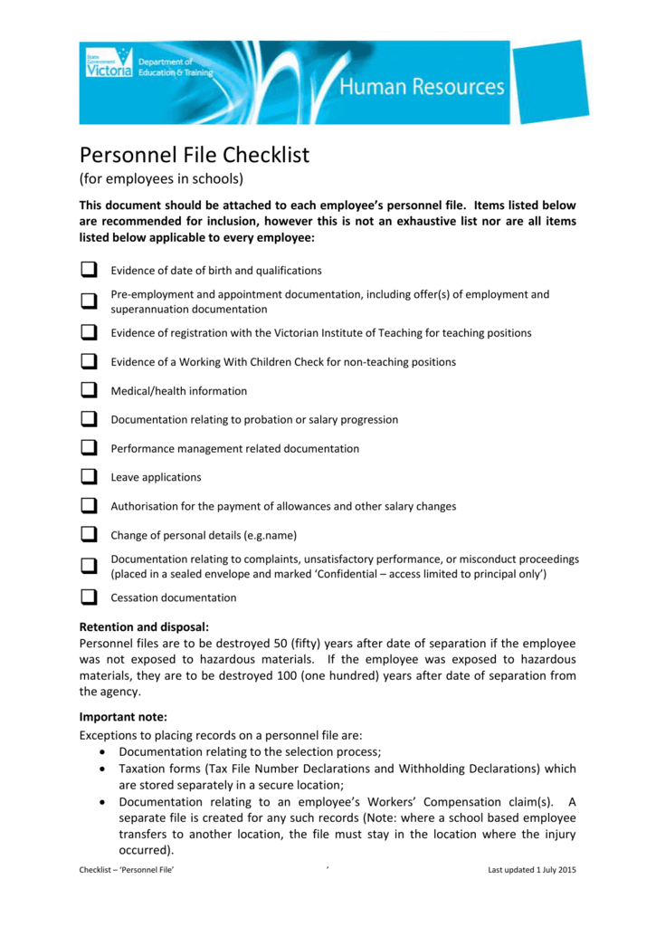 Personnel File Checklist Template Excel