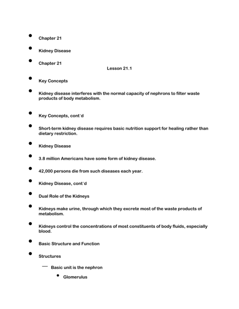 Chapter 21 Kidney Disease Chapter 21 Lesson 21 1 Key Concepts