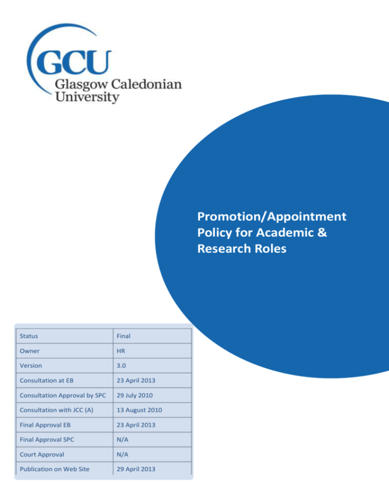 Promotion/Appointment Policy for Academic & Research Roles