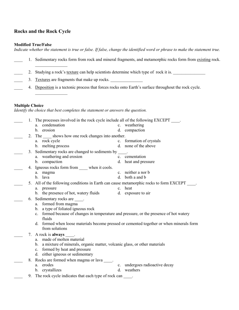 Rocks and the Rock Cycle With Rock Cycle Worksheet Answers