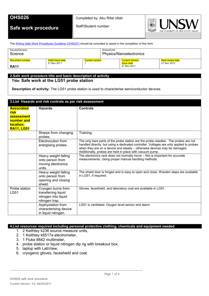 Safe Work Procedures Examples