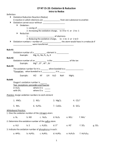 CP NT Ch 20: Oxidation & Reduction Intro to Redox