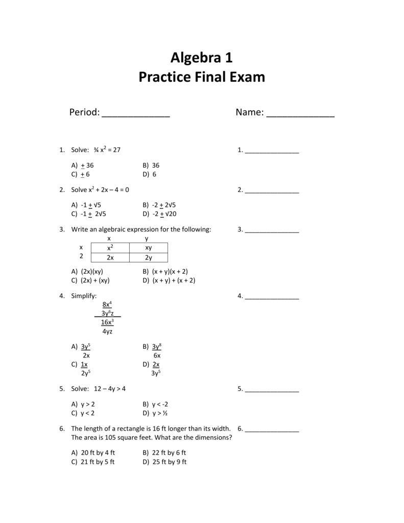 Algebra 1 Practice Final Exam Fort Thomas Independent Schools