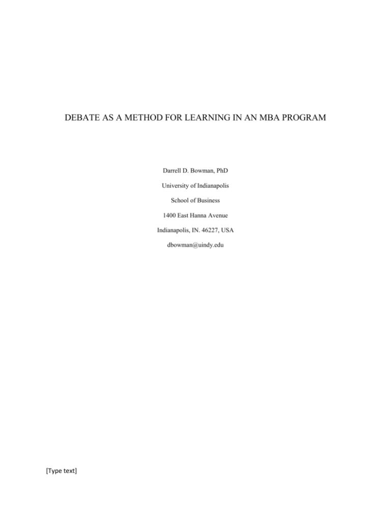 debate as a method for learning in an mba program