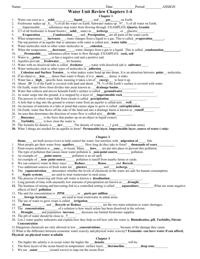 Water Unit Review Chapters 1 4