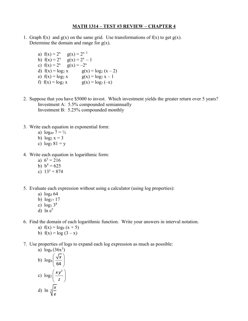 Math 1314 Test 3 Review Chapter 4 1 Graph F X And G X