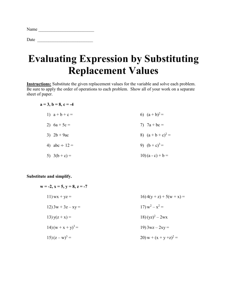 Evaluating Expression by Substituting Replacement Values (doc) Within Evaluate The Expression Worksheet