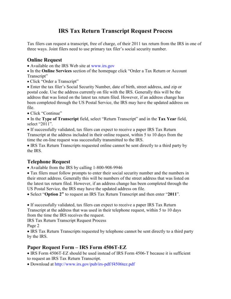 IRS Tax Return Transcript Request Process IRS Tax Return Transcript Request Process