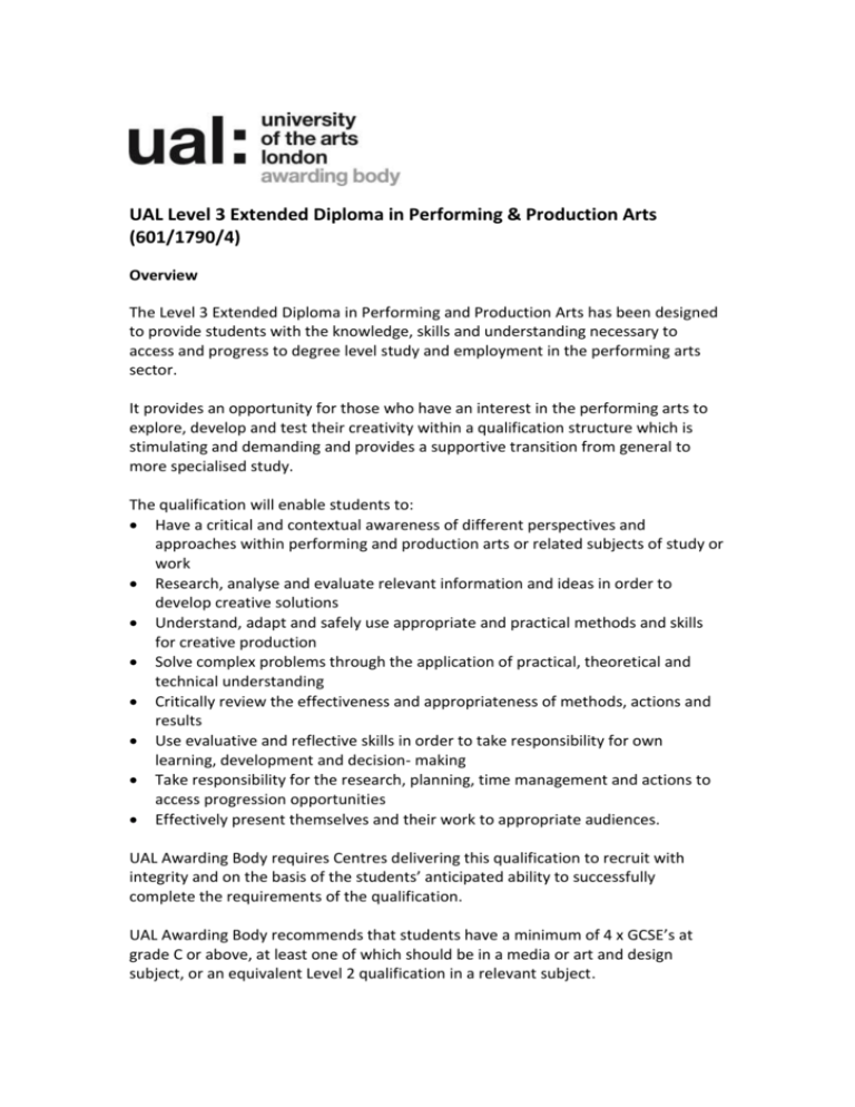 UAL Level 3 Extended Diploma In Performing Production Arts