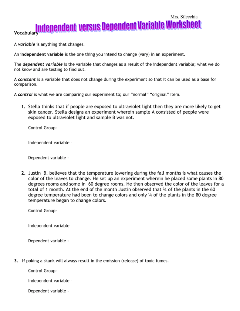 Independent versus Dependent Variable Worksheet Within Independent Dependent Variable Worksheet