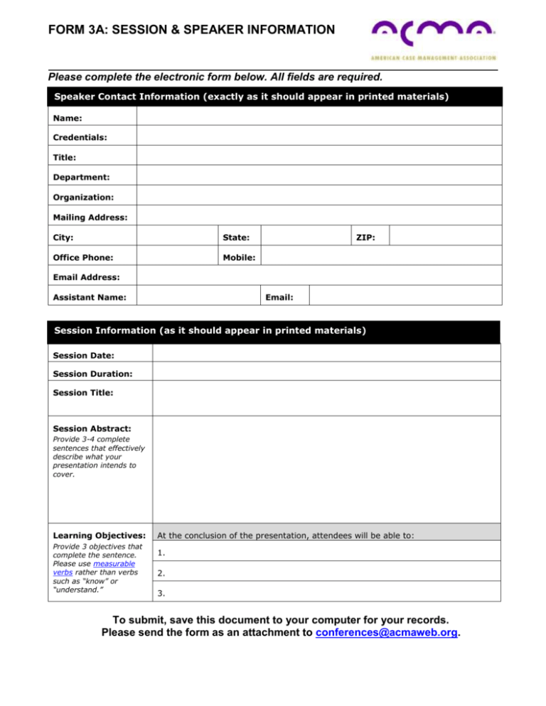 Form 3a Speaker Session Information