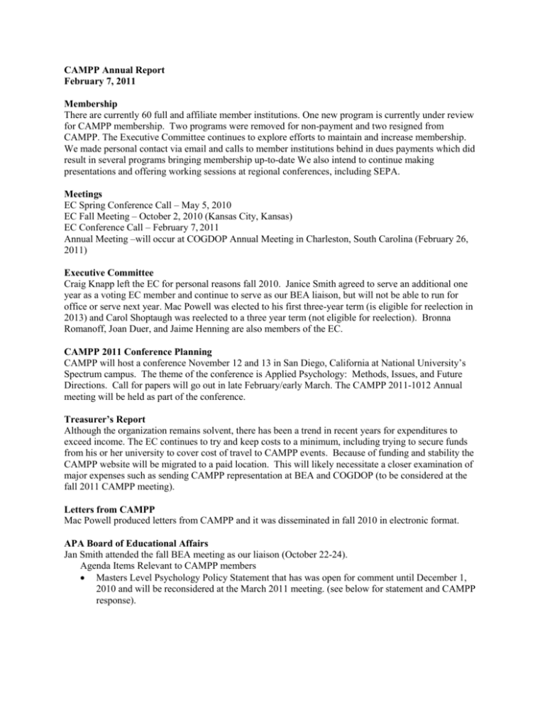 2010 Council of Applied Master`s Programs in Psychology