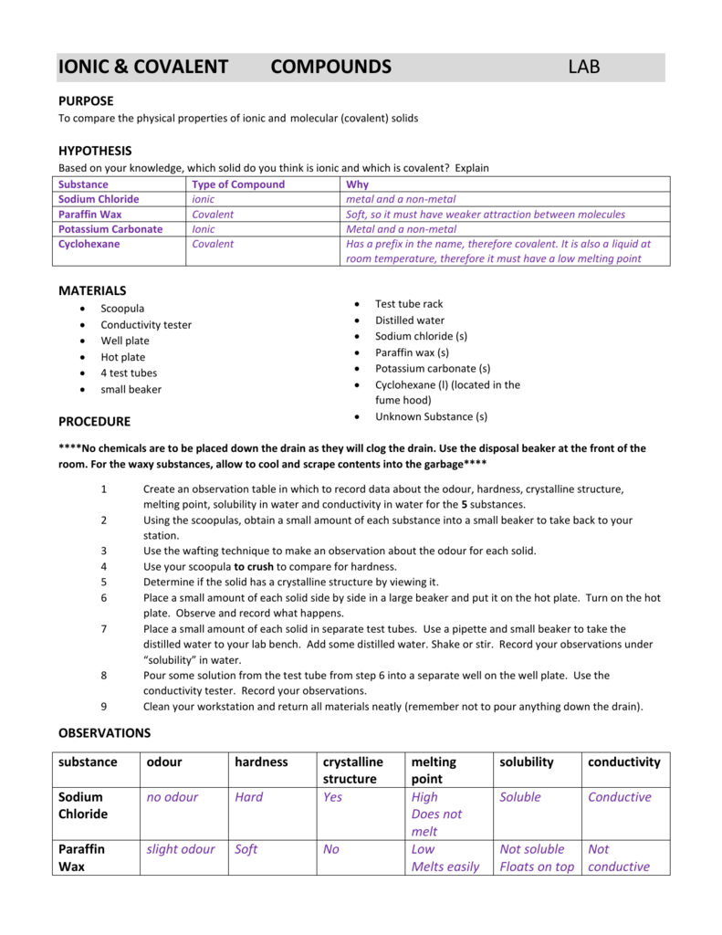 LAB Ionic And Covalent Compounds SOLUTIONS