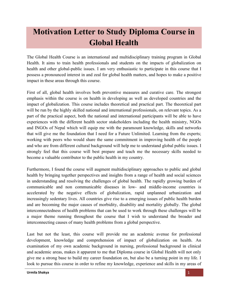 Motivation Letter To Study Diploma Course In Global Health