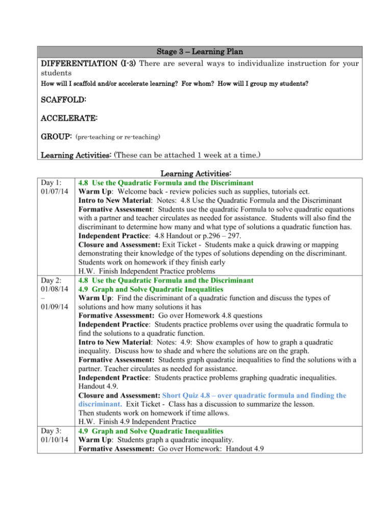 Stage 3 Learning Plan DIFFERENTIATION (I