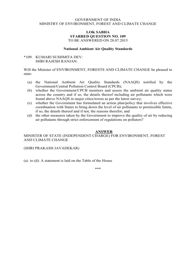 The National Ambient Air Quality Standards Dated 18th November 2009