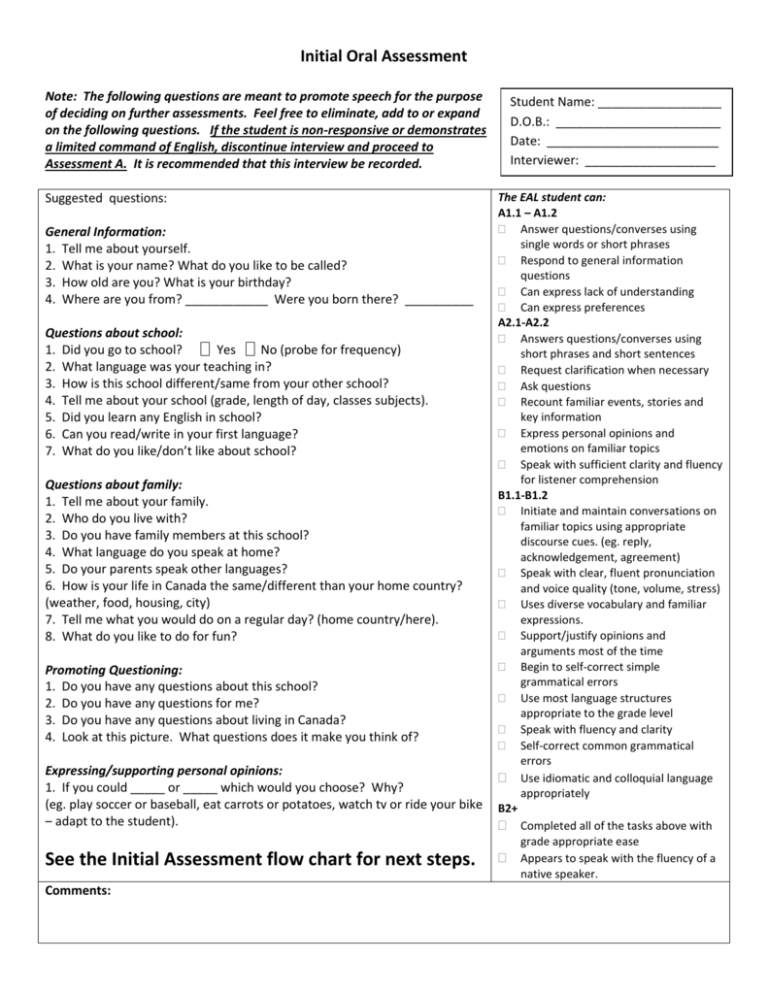 Initial Oral Assessment