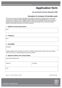 Application Form - Exemption for transport of trackable waste