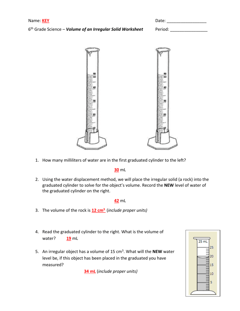Name: KEY Date: 22th Grade Science – Volume of an Irregular Solid Throughout Reading Graduated Cylinders Worksheet