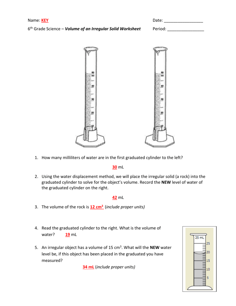 Volume by water displacement worksheet