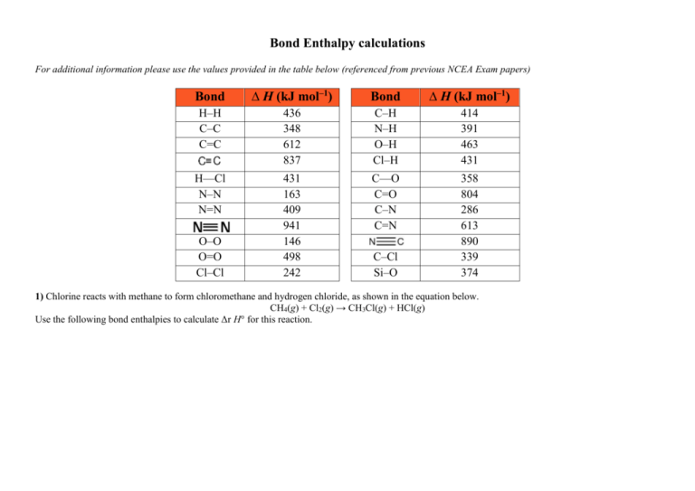 Bond Enthalpy Calculations Chemicalminds