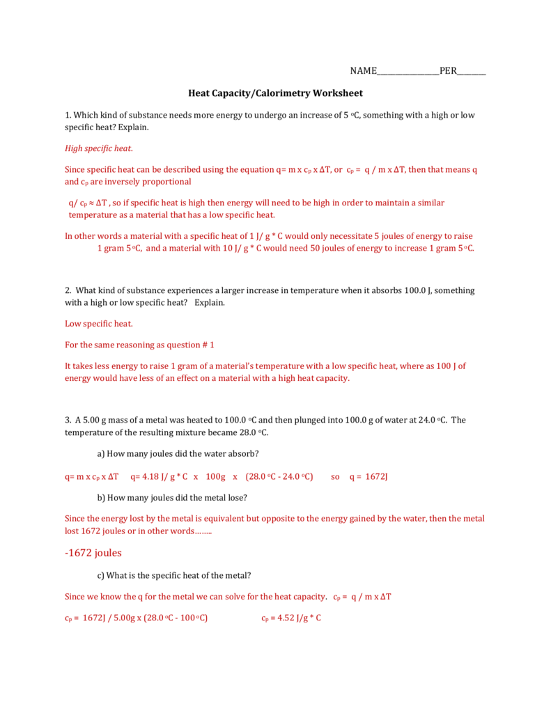 Specific Heat Capacity Worksheet Answers - Nidecmege Pertaining To Calculating Specific Heat Worksheet