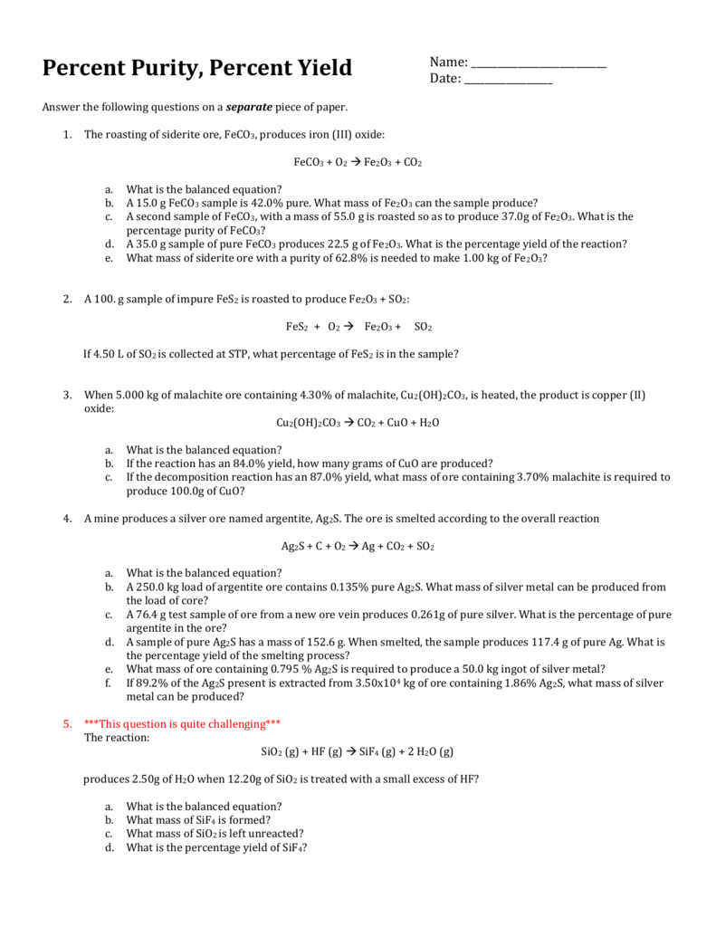 Worksheets Percent Yield