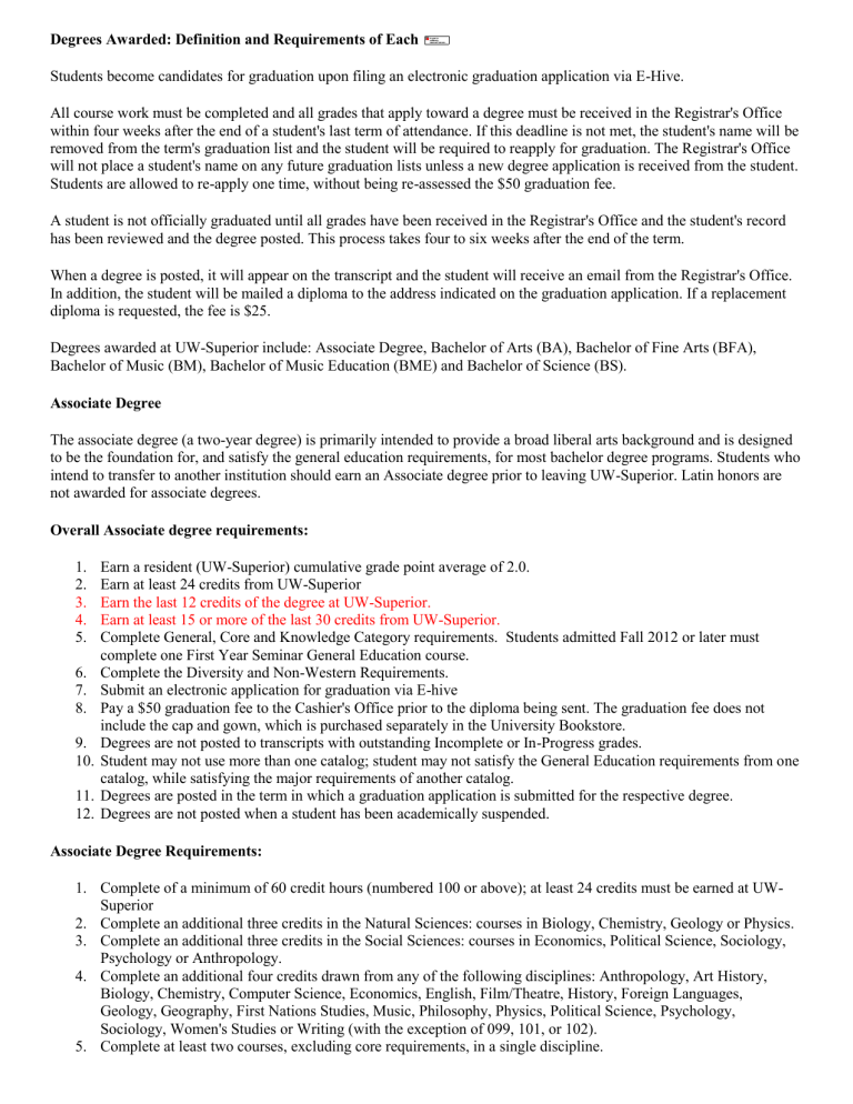 Degree Requirements Definitions of Each 2013 03