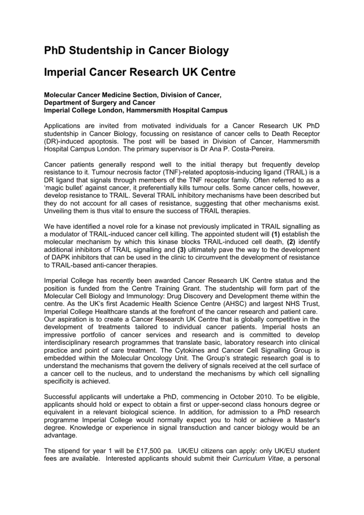 phd positions in cancer biology