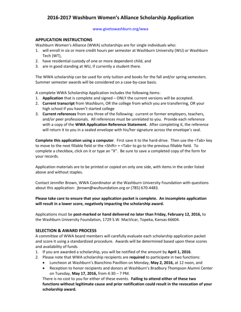 20162017 Washburn Women*s Alliance Scholarship Application
