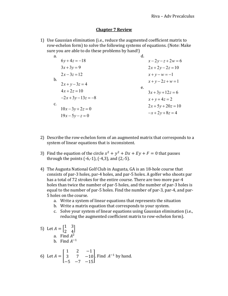 Riva Adv Precalculus Chapter 7 Review Use Gaussian Elimination