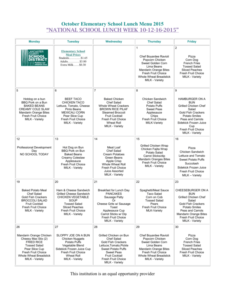 October Elementary School Lunch Menu 2015