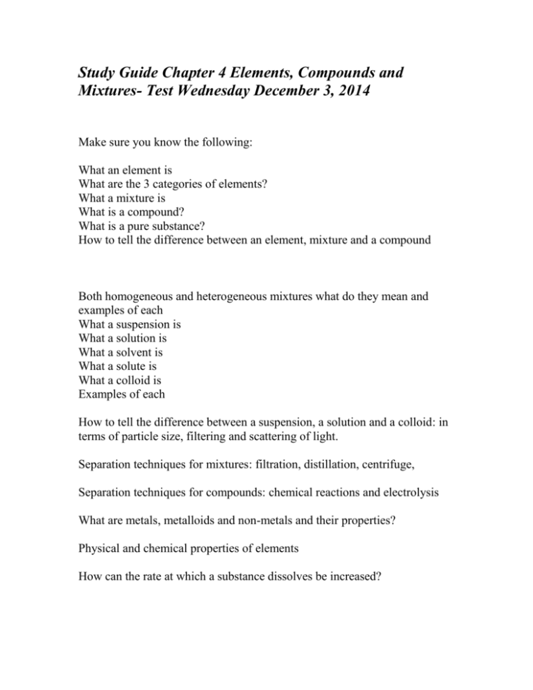 Study Guide Chapter 4 Elements Pounds And Mixtures