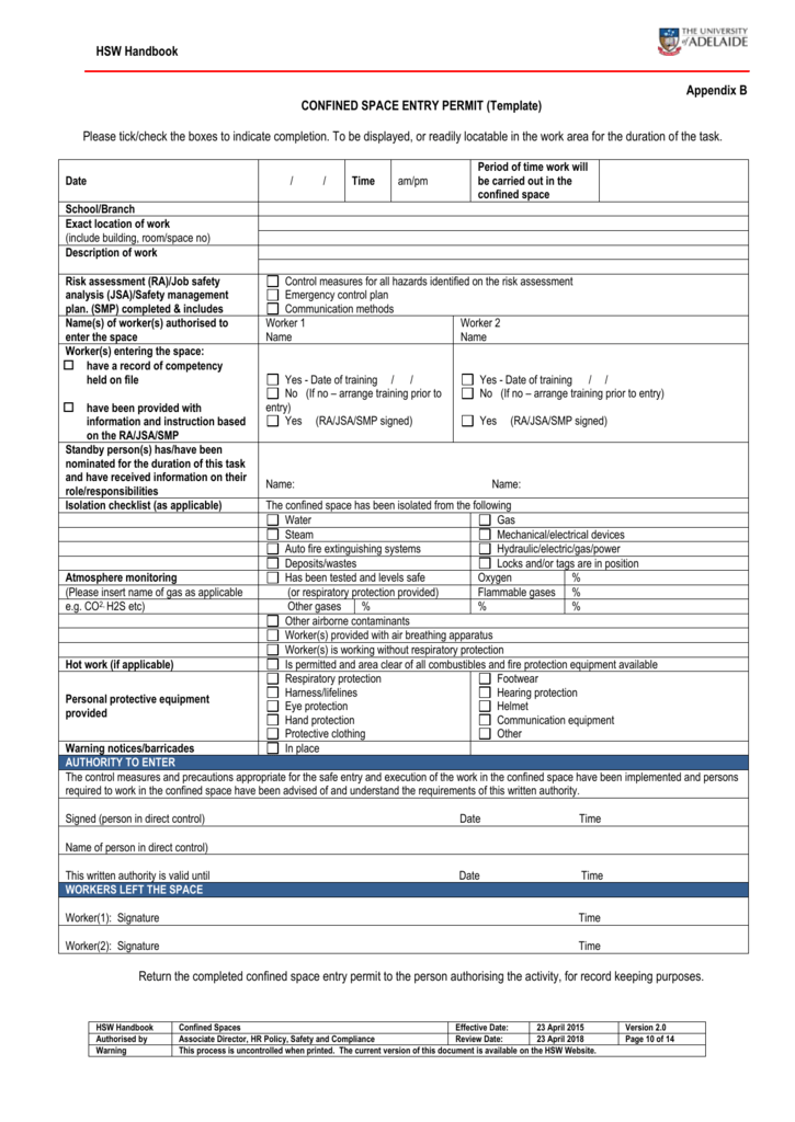 CONFINED SPACE ENTRY/ HOT WORK PERMIT FORM QIA – Celanese Pasadena
